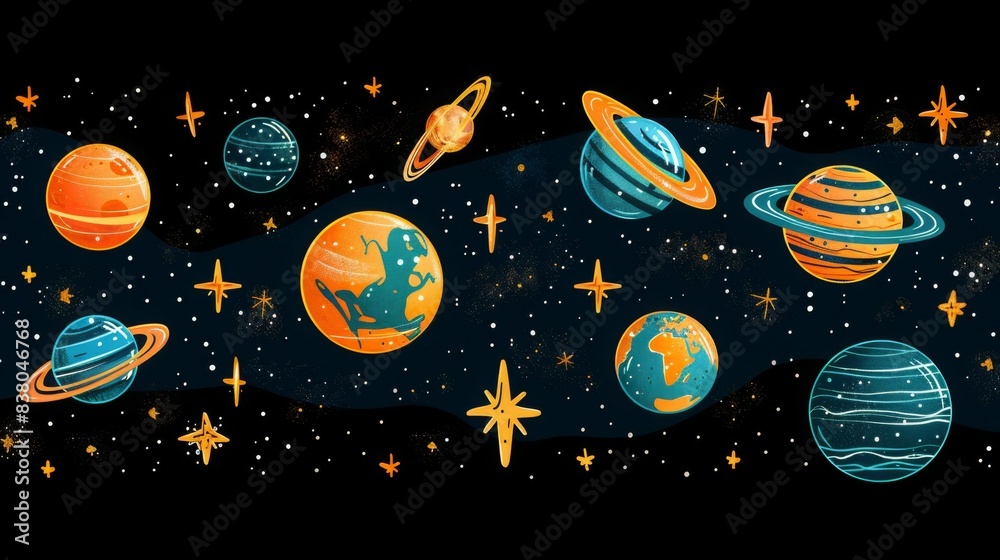 Naklejka premium breathtaking view colorful galaxy space and planets set on dark background illustration, colorful planetary satellites on a black background