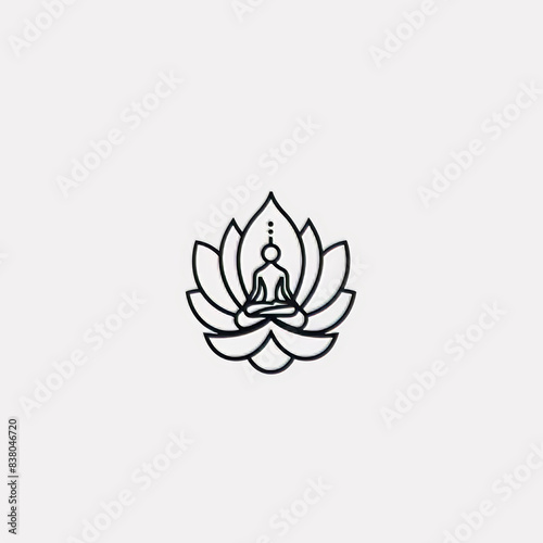 A minimalist black-and-white logo featuring a lotus flower with a person in a meditative pose inside  symbolizing wellness  purity  and fitness. Clean and serene design isolated on a white background.