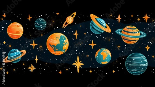 breathtaking view colorful galaxy space and planets set on dark background illustration, colorful planetary satellites on a black background
