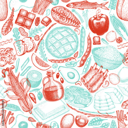 Dash Diet Seamless Pattern. Vector Hand Drawn Healthy Food Background. Vintage Style Menu Illustration.