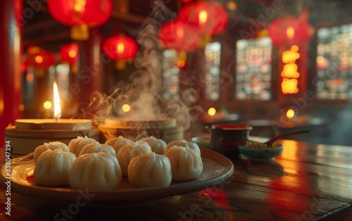 A plate of dumplings sits on a wooden table with a lit candle nearby