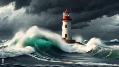 choppy sea with lighthouse with smooth looping video.