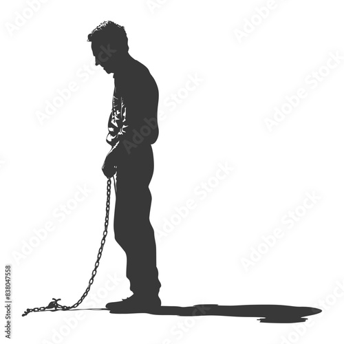 Chained Silhouette: Man Looking Down, Burdened by the Past, Isolated on White.