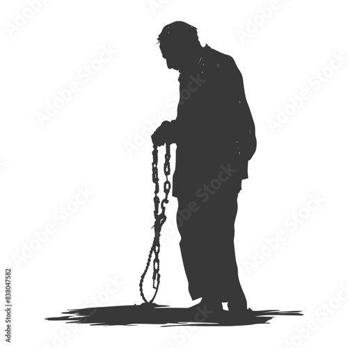 Silhouette of pensive elderly man with chain, isolated on white.
