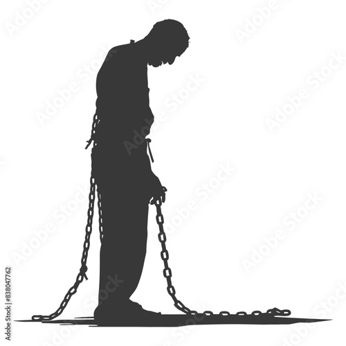 Chained Silhouette: Man Bent in Defeat, Symbolic Burden, Isolated White Background.