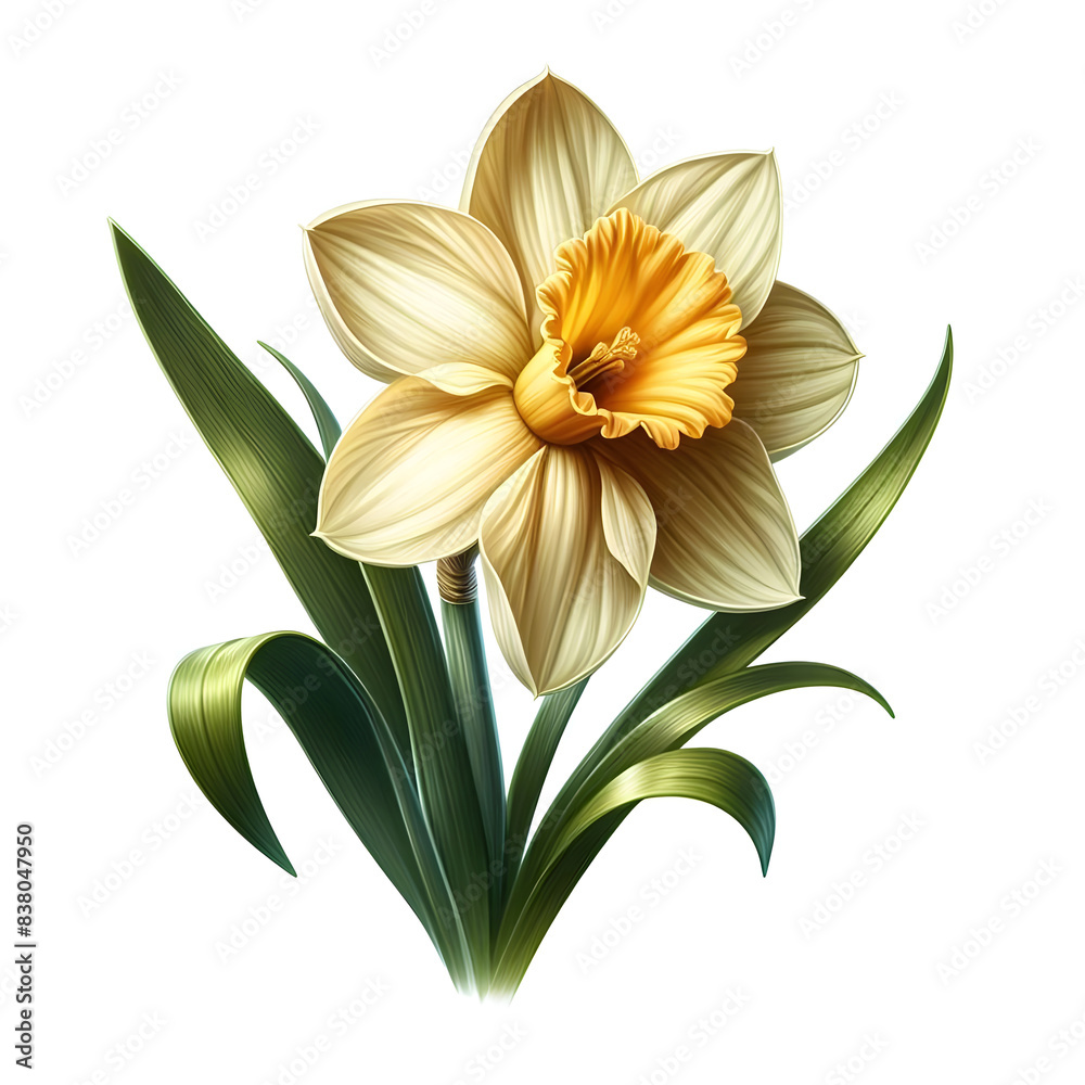 Stunning Realistic Daffodil Flower with Leaf Isolated on White Background Stunning Realistic Daffodil Flower with Leaf Isolated on White Background