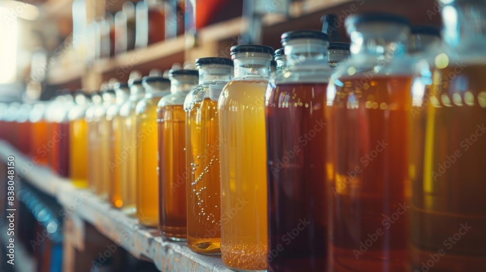 Row of glass jars filled with different shades of amber-hued honey, arranged on wooden shelves in rustic setting, soft natural light accentuates the texture. Row of glass jars filled with different shades of amber-hued honey, arranged on wooden shelves in rustic setting, soft natural light accentuates the texture.