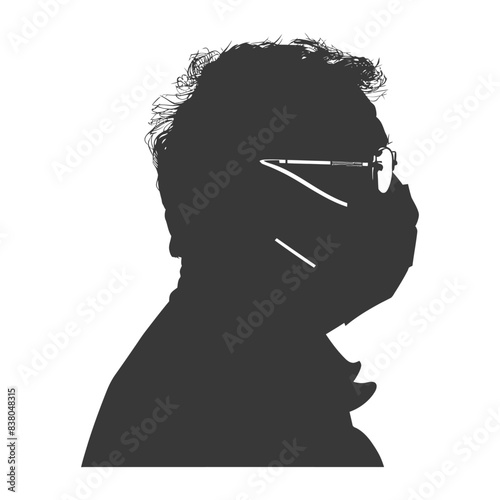 Silhouette of a masked figure with eyeglasses in stark contrast.