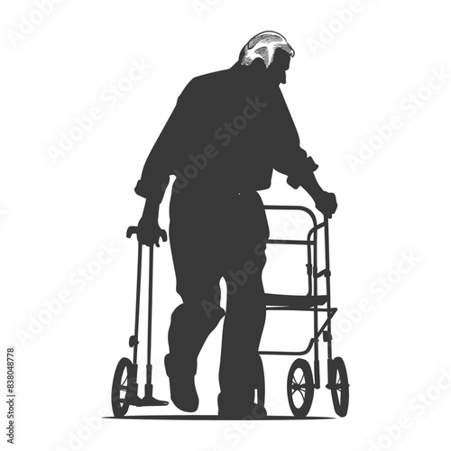 silhouette elderly man with walking frames full body black color only