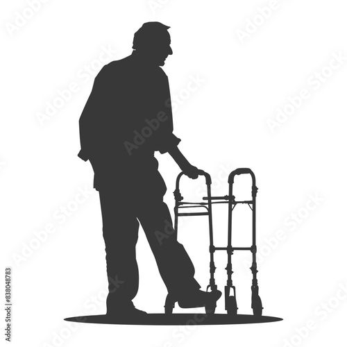 silhouette elderly man with walking frames full body black color only