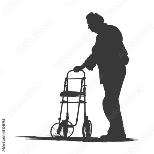 silhouette elderly man with walking frames full body black color only