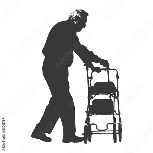 silhouette elderly man with walking frames full body black color only