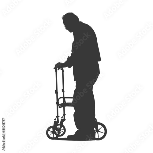 silhouette elderly man with walking frames full body black color only
