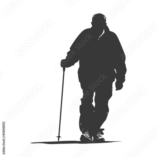 silhouette elderly man with walking stick full body black color only