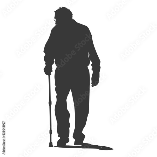 silhouette elderly man with walking stick full body black color only