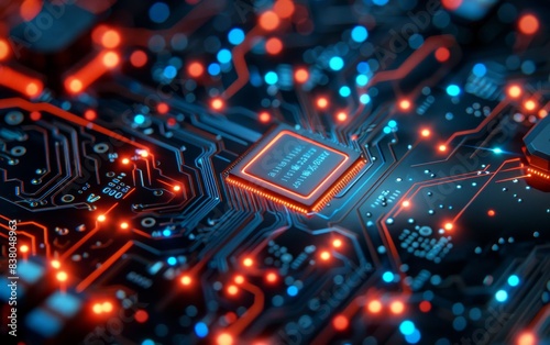 A computer chip with a blue and red background