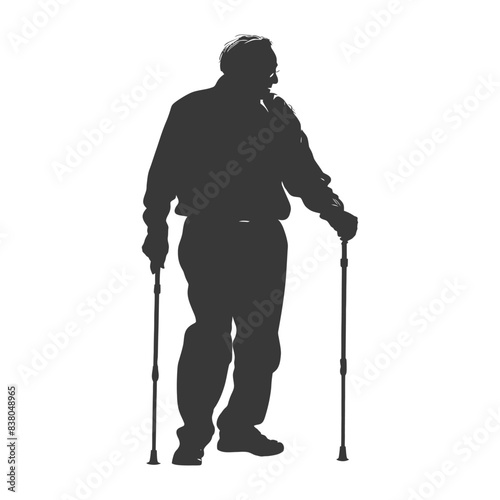 silhouette elderly man with walking stick full body black color only