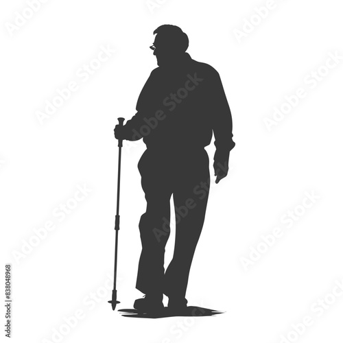 silhouette elderly man with walking stick full body black color only