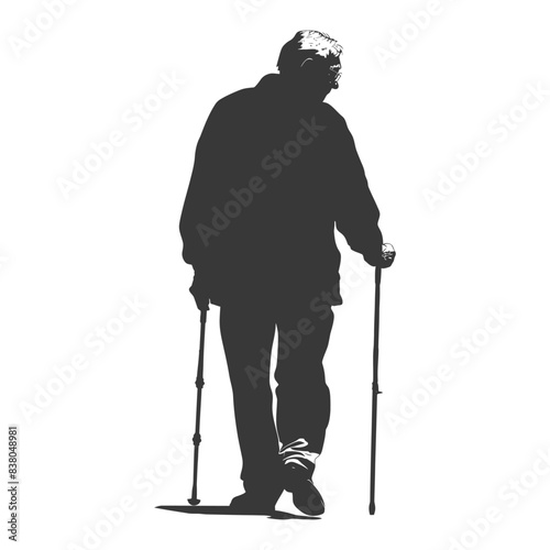 silhouette elderly man with walking stick full body black color only