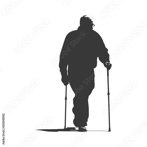 silhouette elderly man with walking stick full body black color only