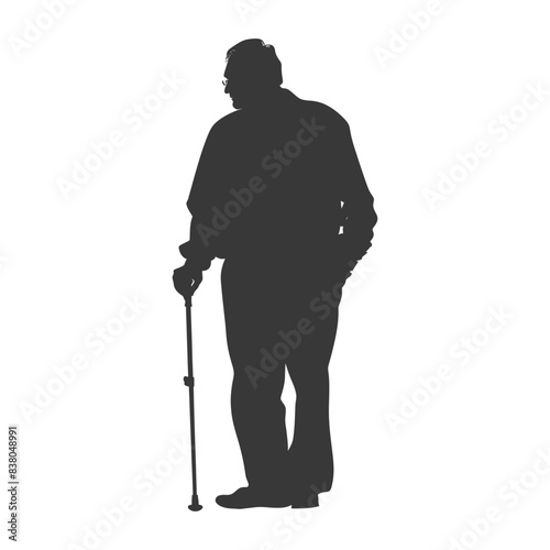 silhouette elderly man with walking stick full body black color only