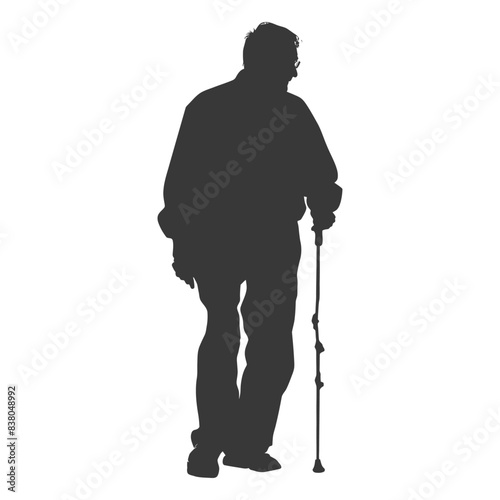silhouette elderly man with walking stick full body black color only
