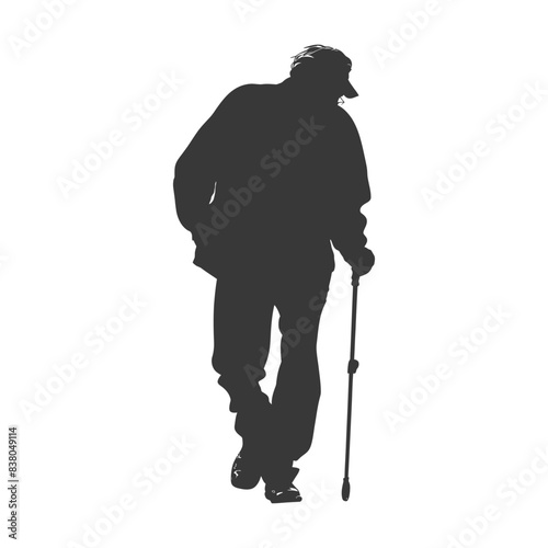 silhouette elderly man with walking stick full body black color only