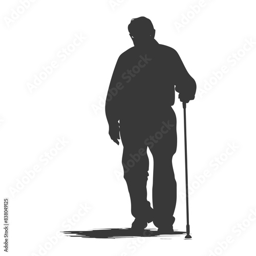 silhouette elderly man with walking stick full body black color only