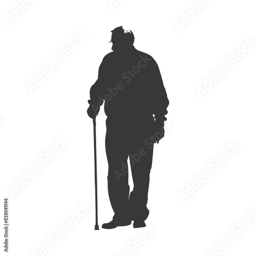 silhouette elderly man with walking stick full body black color only