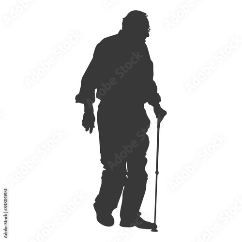 silhouette elderly man with walking stick full body black color only