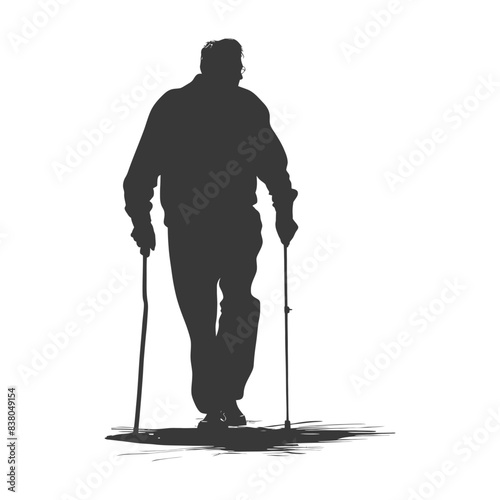 silhouette elderly man with walking stick full body black color only