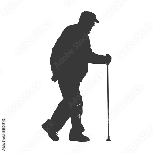 silhouette elderly man with walking stick full body black color only