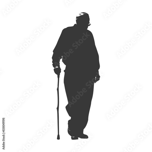 silhouette elderly man with walking stick full body black color only
