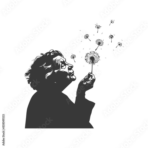 silhouette elderly woman blows dandelion flower black color only