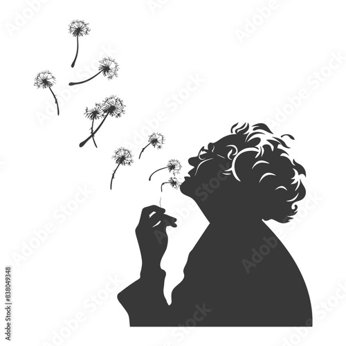 silhouette elderly woman blows dandelion flower black color only