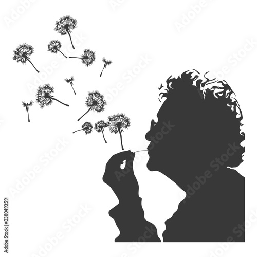 silhouette elderly woman blows dandelion flower black color only