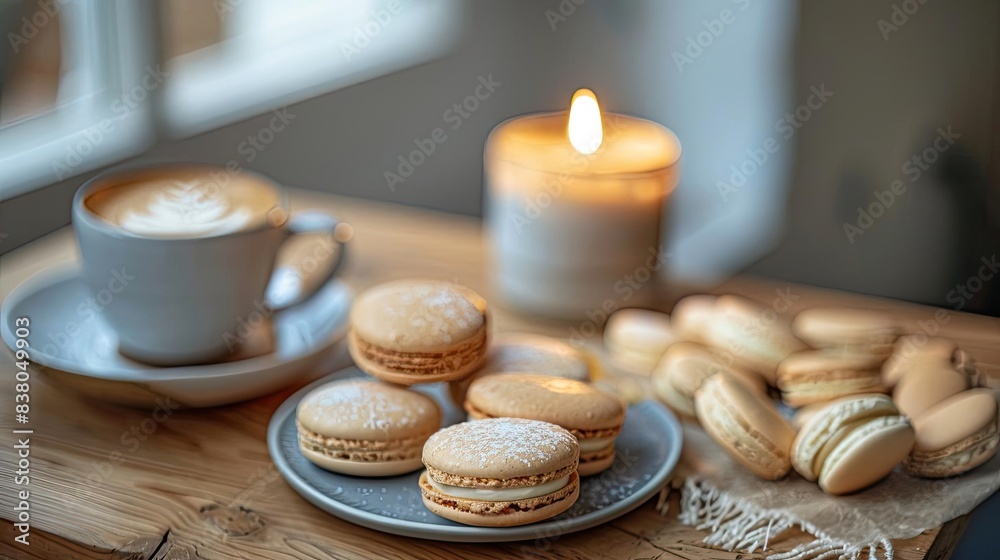 Cozy scene with a lit candle, coffee, and assorted macarons on a wooden table near a window, creating a warm and inviting atmosphere.