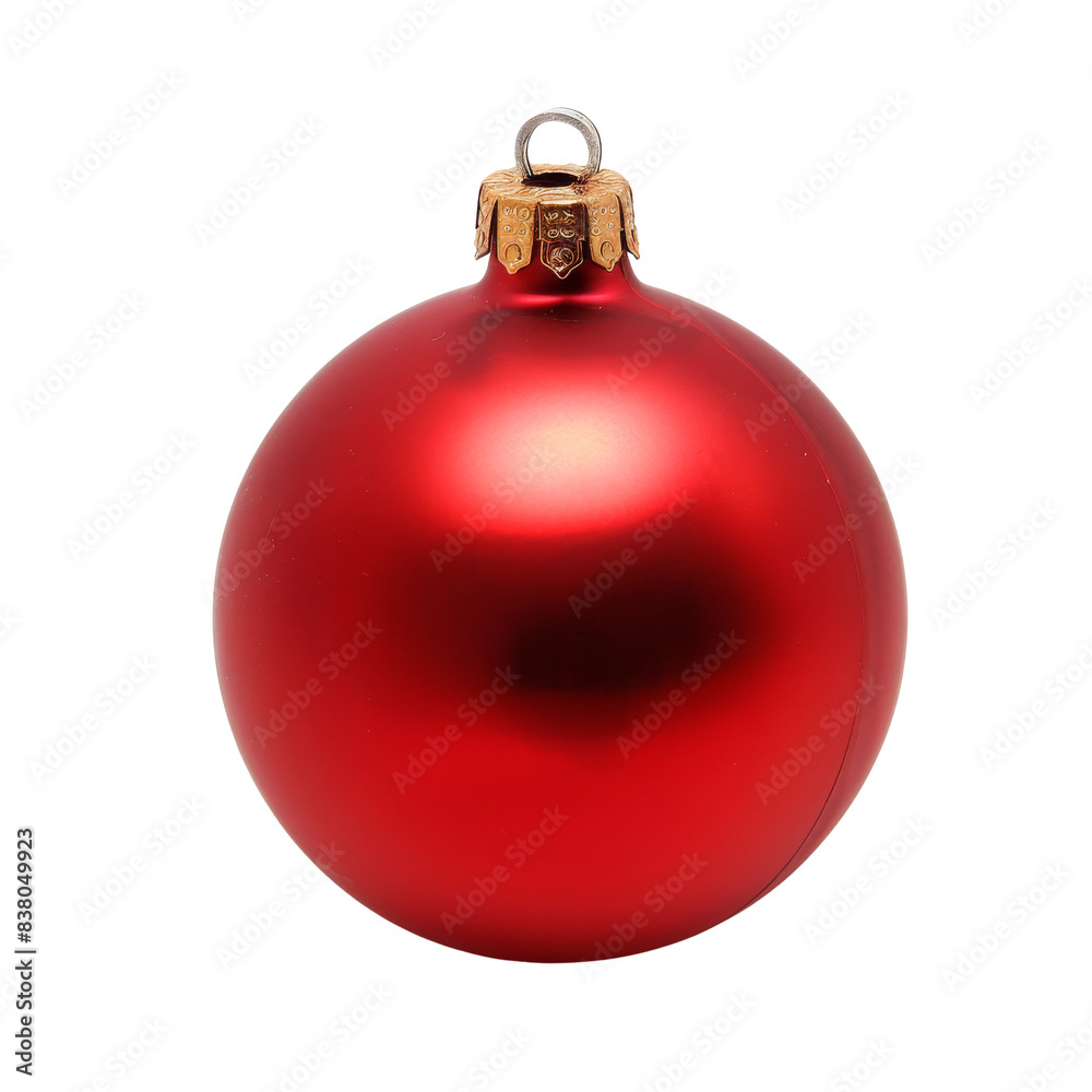 A single, round, red Christmas ornament with a gold top is isolated on a white background A single, round, red Christmas ornament with a gold top is isolated on a white background