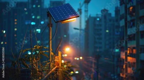 A solar-powered streetlight in an urban setting. 