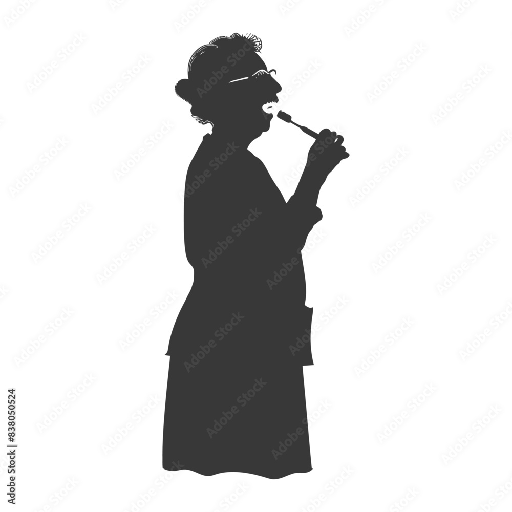 silhouette elderly woman brushing his teeth in front of mirror black color only silhouette elderly woman brushing his teeth in front of mirror black color only