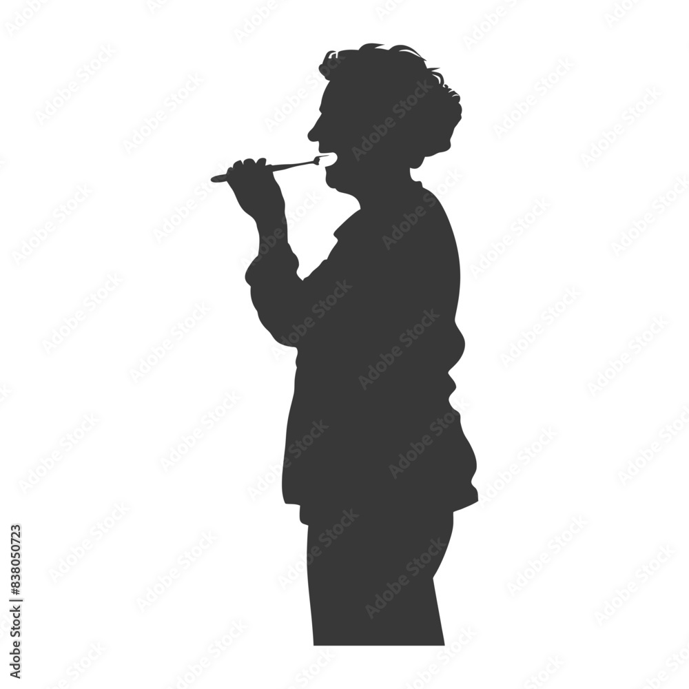 silhouette elderly woman brushing his teeth in front of mirror black color only silhouette elderly woman brushing his teeth in front of mirror black color only