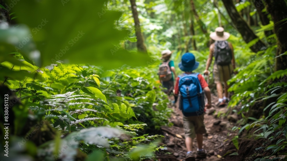 Group Hiking Adventure Through Lush Green Forest Trail Group Hiking Adventure Through Lush Green Forest Trail