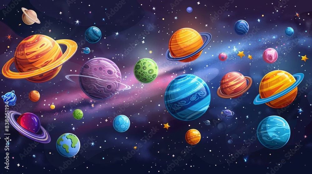 breathtaking view colorful galaxy space and planets set on dark background illustration, colorful planetary satellites on a black background breathtaking view colorful galaxy space and planets set on dark background illustration, colorful planetary satellites on a black background