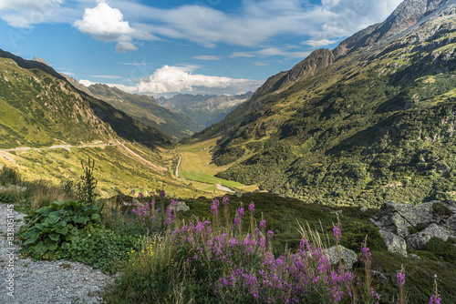 Mountain landscape at Susten Pass with view towards the Meiental, Meien, Canton of Uri, Switzerland photo
