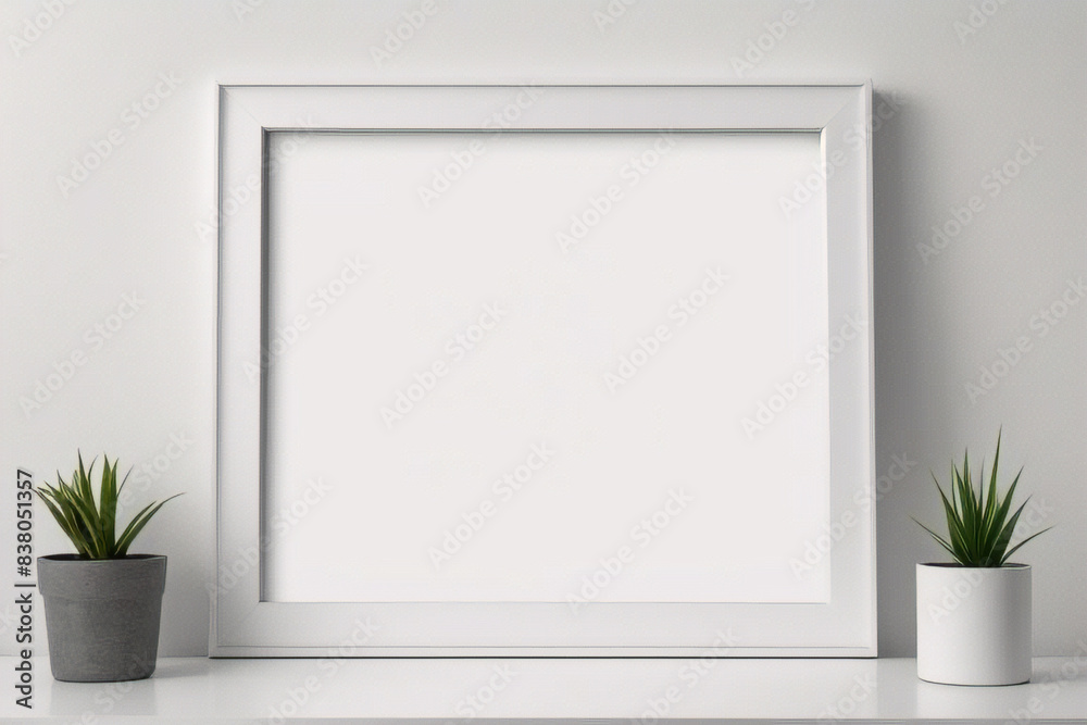Diseño interior escandinavo de sala de estar con consola de madera, anillos en la pared, marco de póster simulado, flores en jarrón y elegantes accesorios personales Diseño interior escandinavo de sala de estar con consola de madera, anillos en la pared, marco de póster simulado, flores en jarrón y elegantes accesorios personales