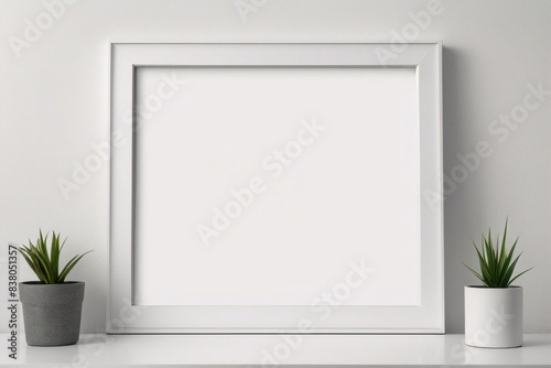 Diseño interior escandinavo de sala de estar con consola de madera, anillos en la pared, marco de póster simulado, flores en jarrón y elegantes accesorios personales	
