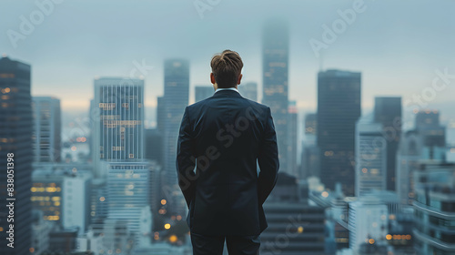 Contemplative Businessman in Suit Alone on Rooftop, Pondering Cityscape Photo Realistic Image of Thoughtful Corporate Leader Looking Out Over Urban Skyline, Concept of Solitude a