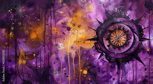 Abstract painting of the sun in purple and yellow, with an eye symbol, in the style of fantasy art, with splatter dripping down the canvas 