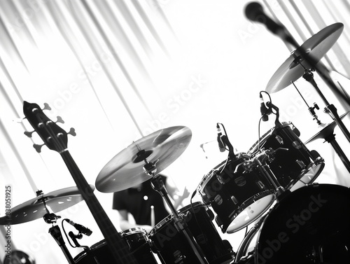 Black and white anime style drawing of drum sets , minimalistic photo