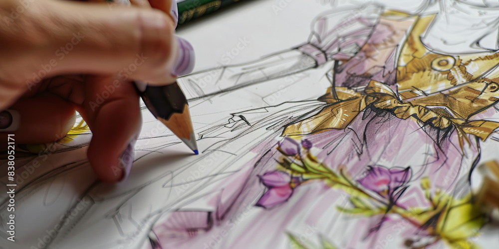 A designer meticulously sketches out their next fashion design, envisioning the details and textures before they exist A designer meticulously sketches out their next fashion design, envisioning the details and textures before they exist